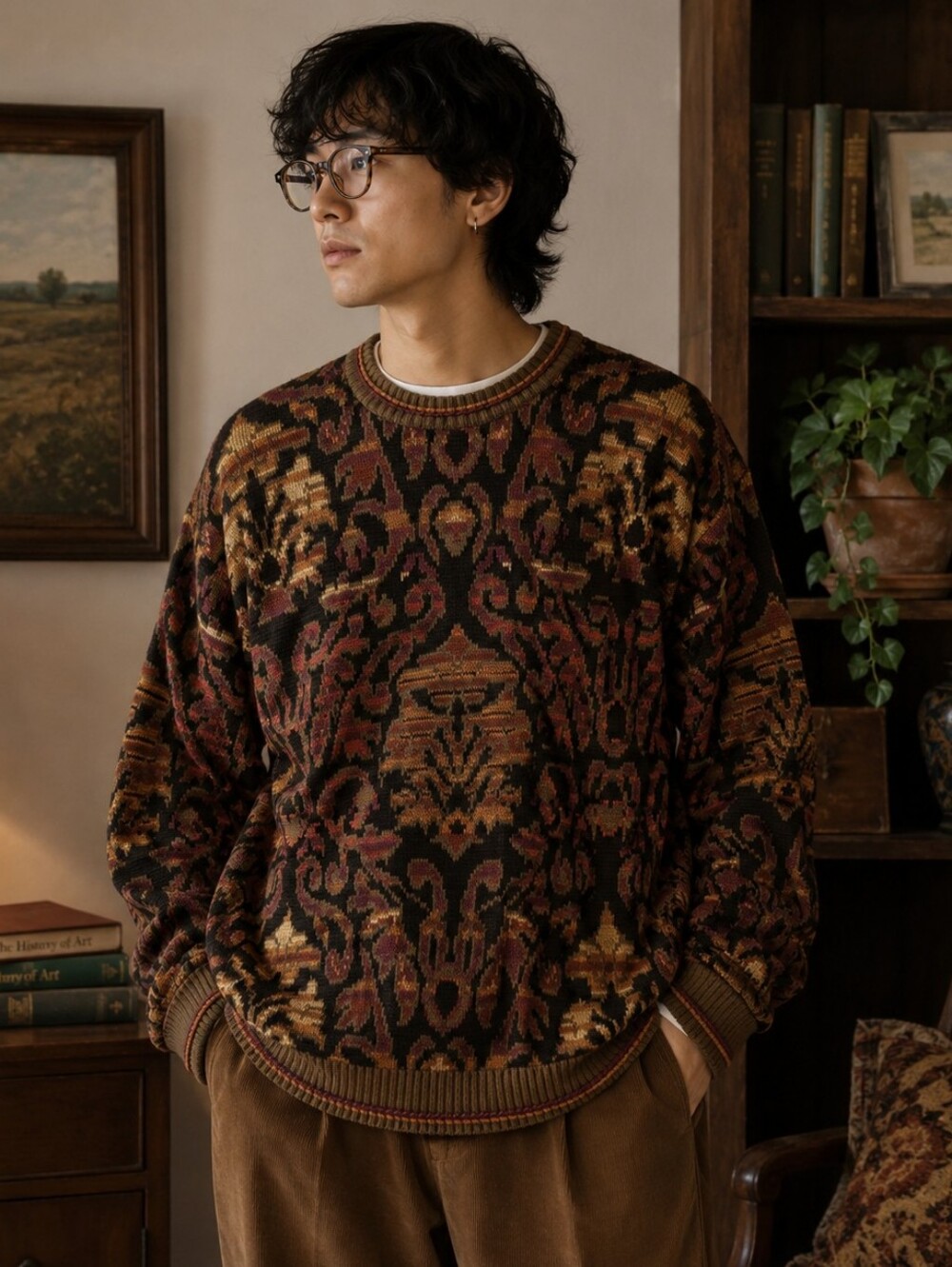 Tricots St Raphael Mens Patterned Crewneck Sweater Black Brown Red XL USA Made